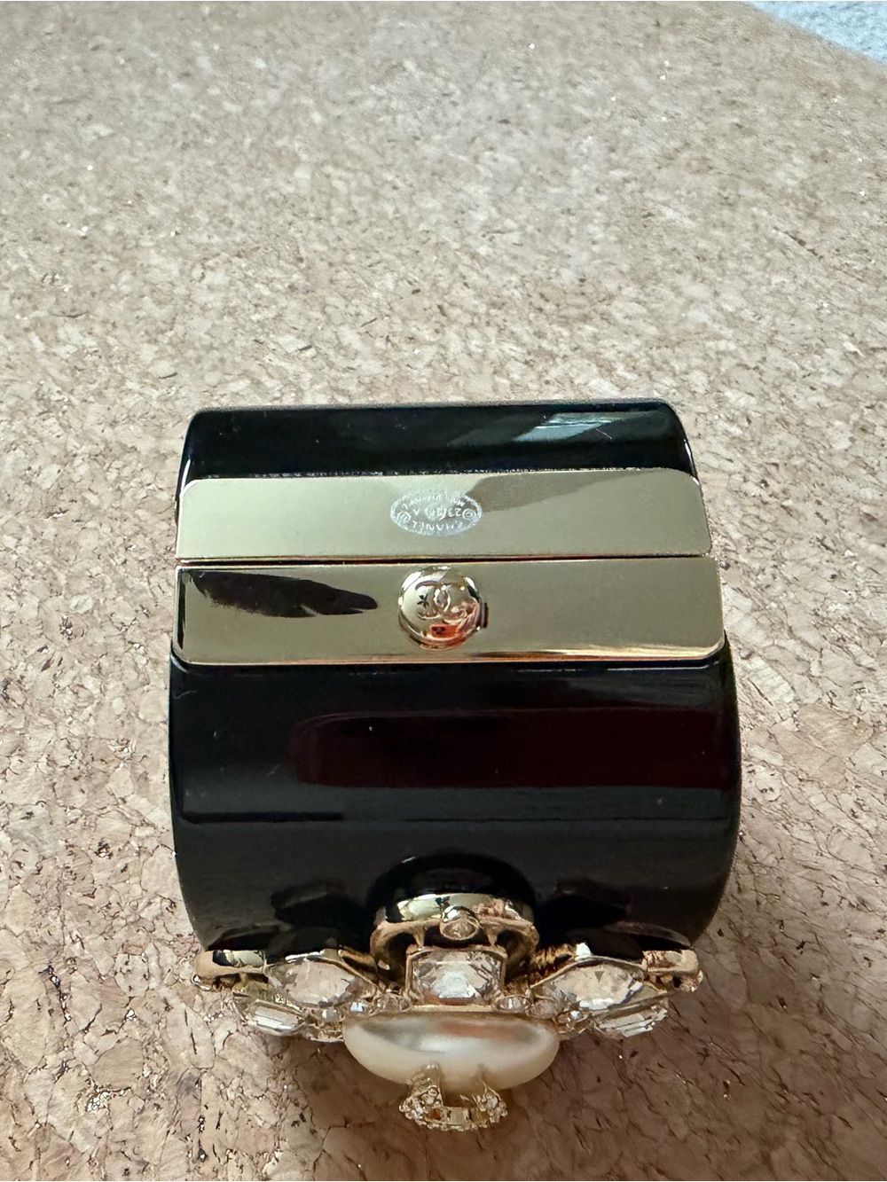 CHANEL Black Resin Cuff with Pearl and Crystal Emblem - Picture 4 of 4